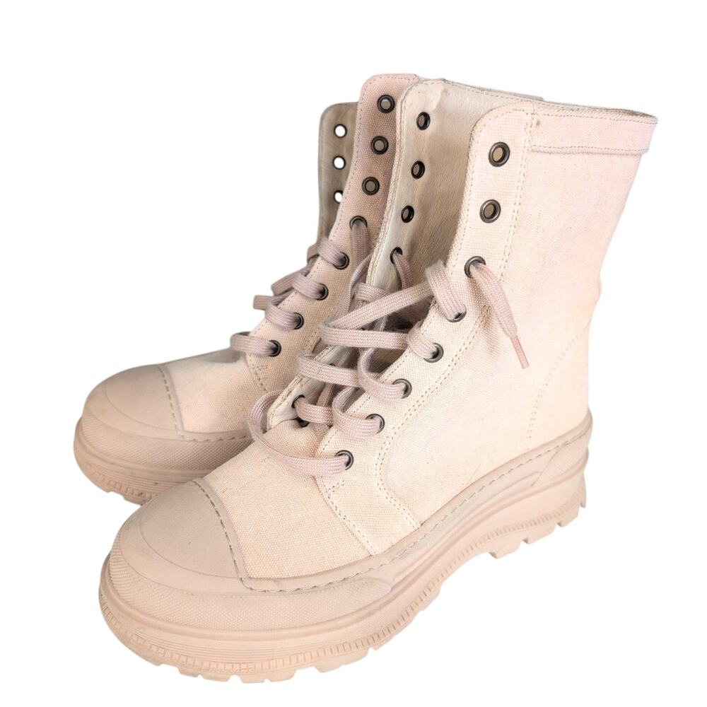 Free People Camp Out Canvas Combat Boot Tan Lug‎ Heel Chunky Streetwear 38 7.5-8
